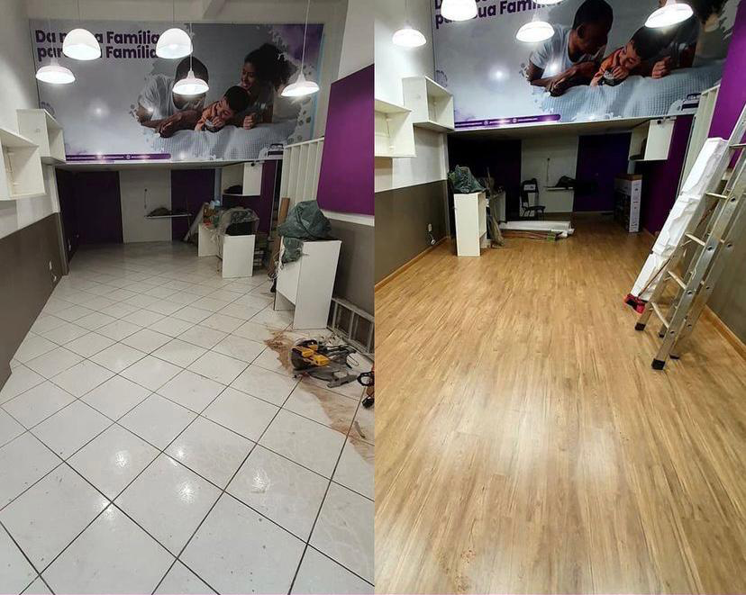Antes e depois da aplicação de pisos laminados em um ambiente comercial (Foto: Vip Persiart)